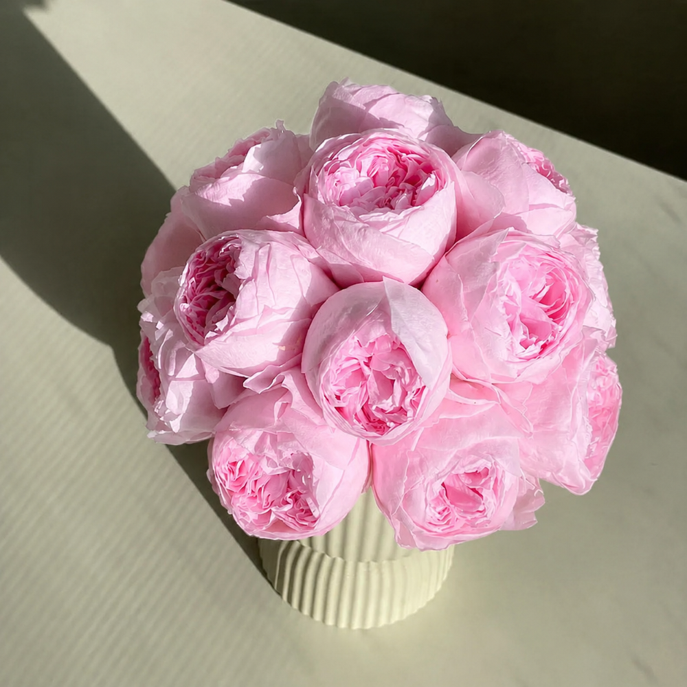 A bouquet of light pink paper roses arranged in a ribbed cream-colored vase, photographed on a light beige surface with strong natural sunlight casting shadows.