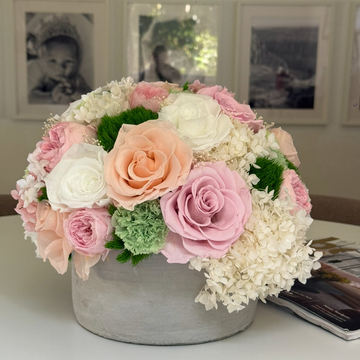 Gorgeous mixed everlasting floral arrangement in cement pot