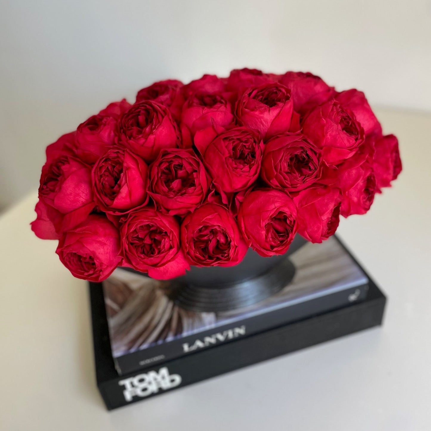 Red everlasting peonies in black pot