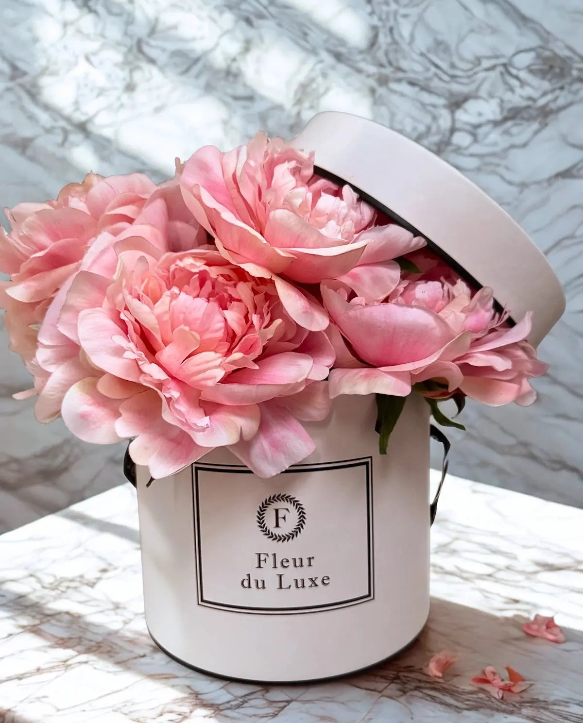 ARTIFICIAL BLOOMS: Dozen of Artificial Peonies in Signature Hat Box - Fleur Du Luxe