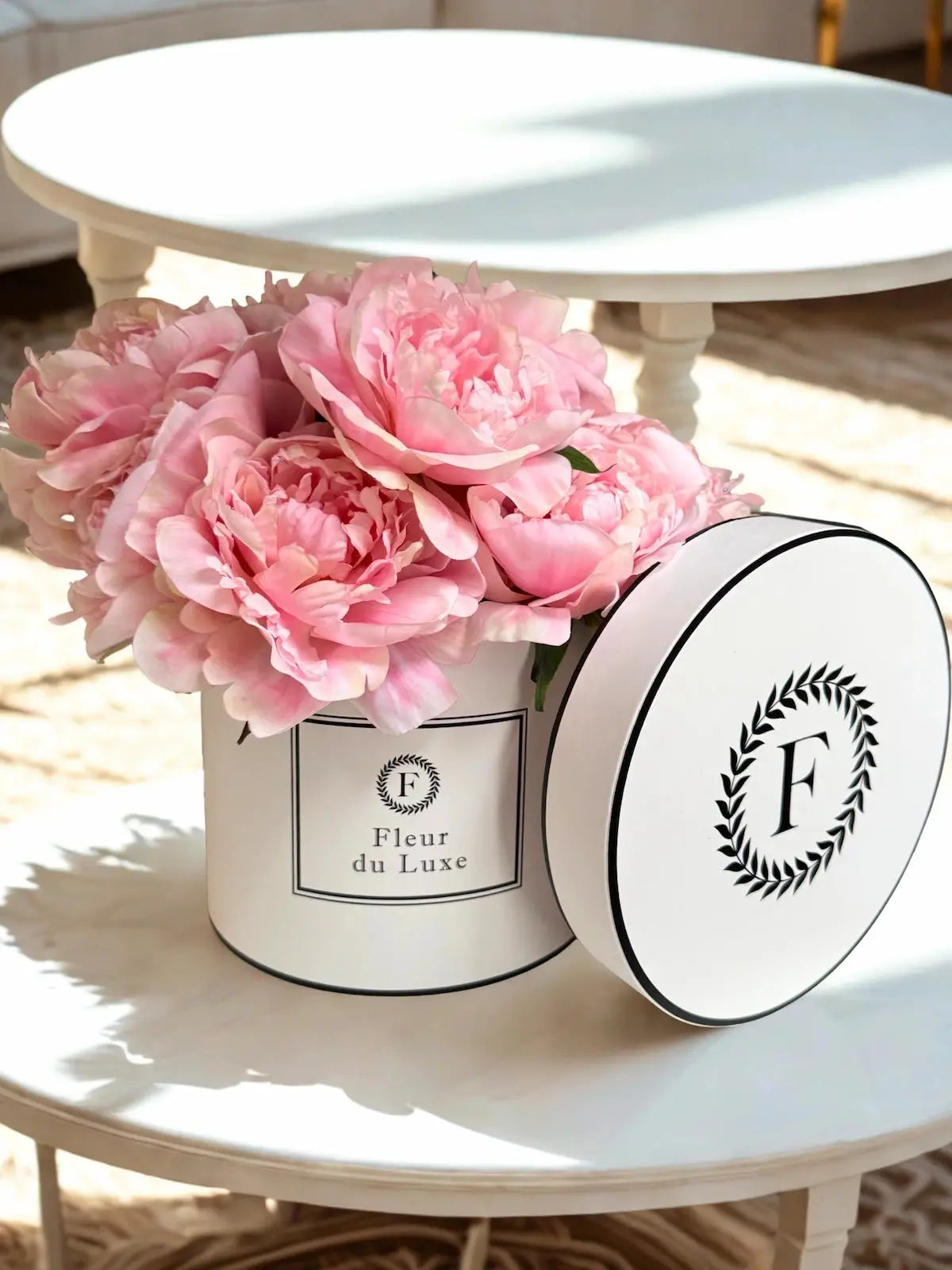 ARTIFICIAL BLOOMS: Dozen of Artificial Peonies in Signature Hat Box - Fleur Du Luxe