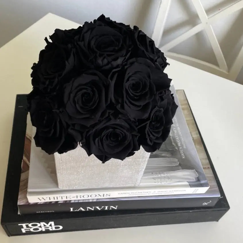 CEMENT POT: Black Everlasting Roses - Fleur Du Luxe