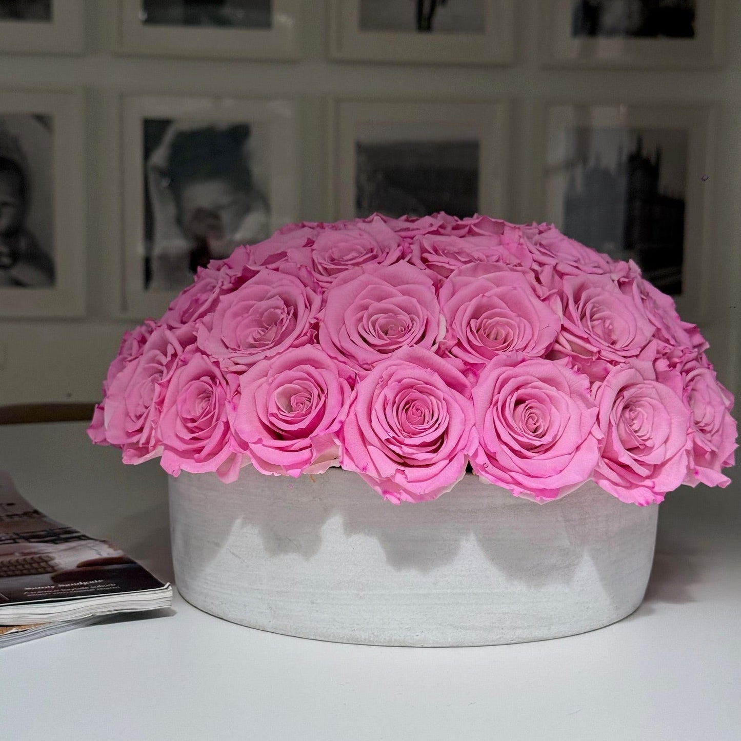 CEMENT POT: Everlasting New York Pink Bi - colour Roses - Fleur Du Luxe