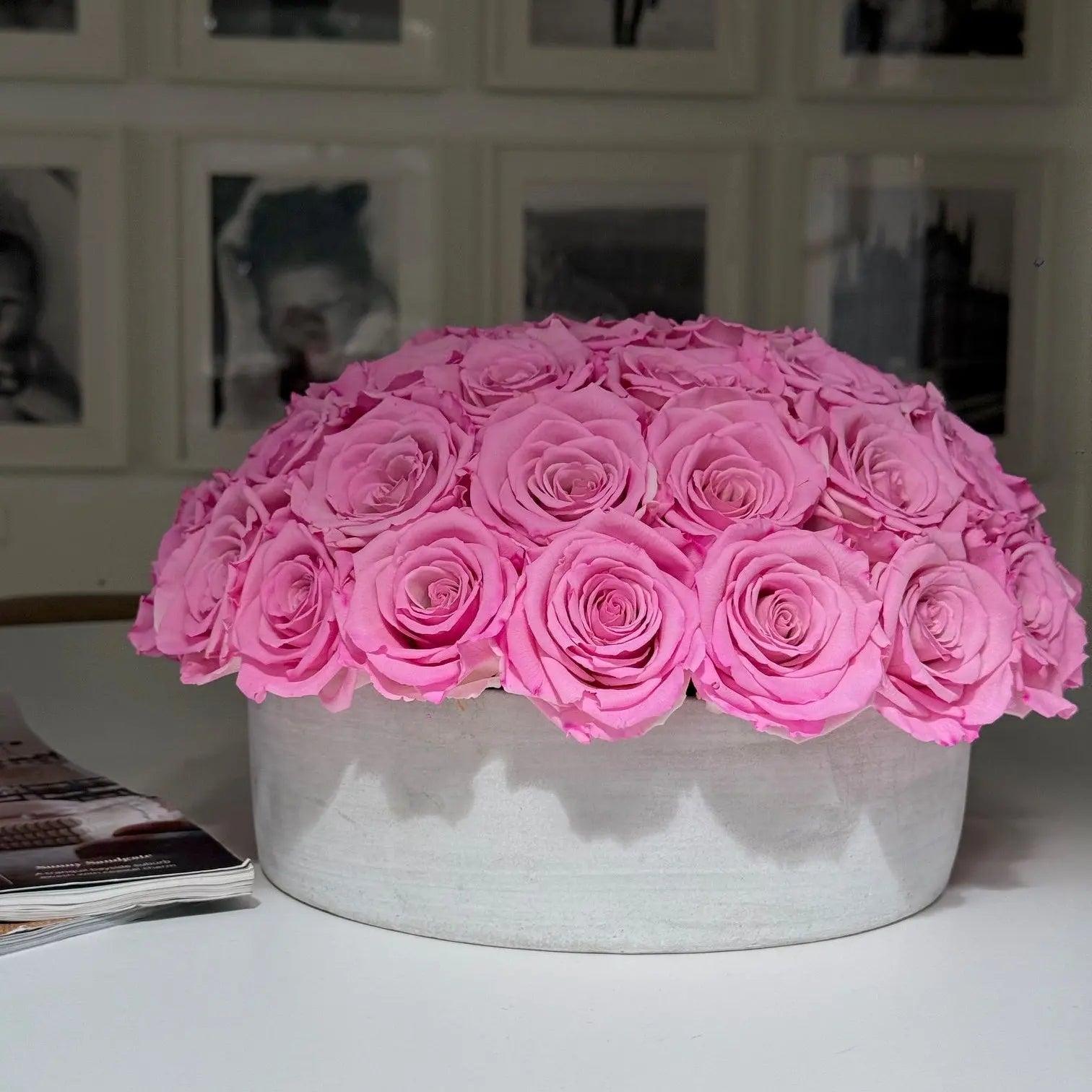 CEMENT POT: Everlasting New York Pink Bi - colour Roses - Fleur Du Luxe