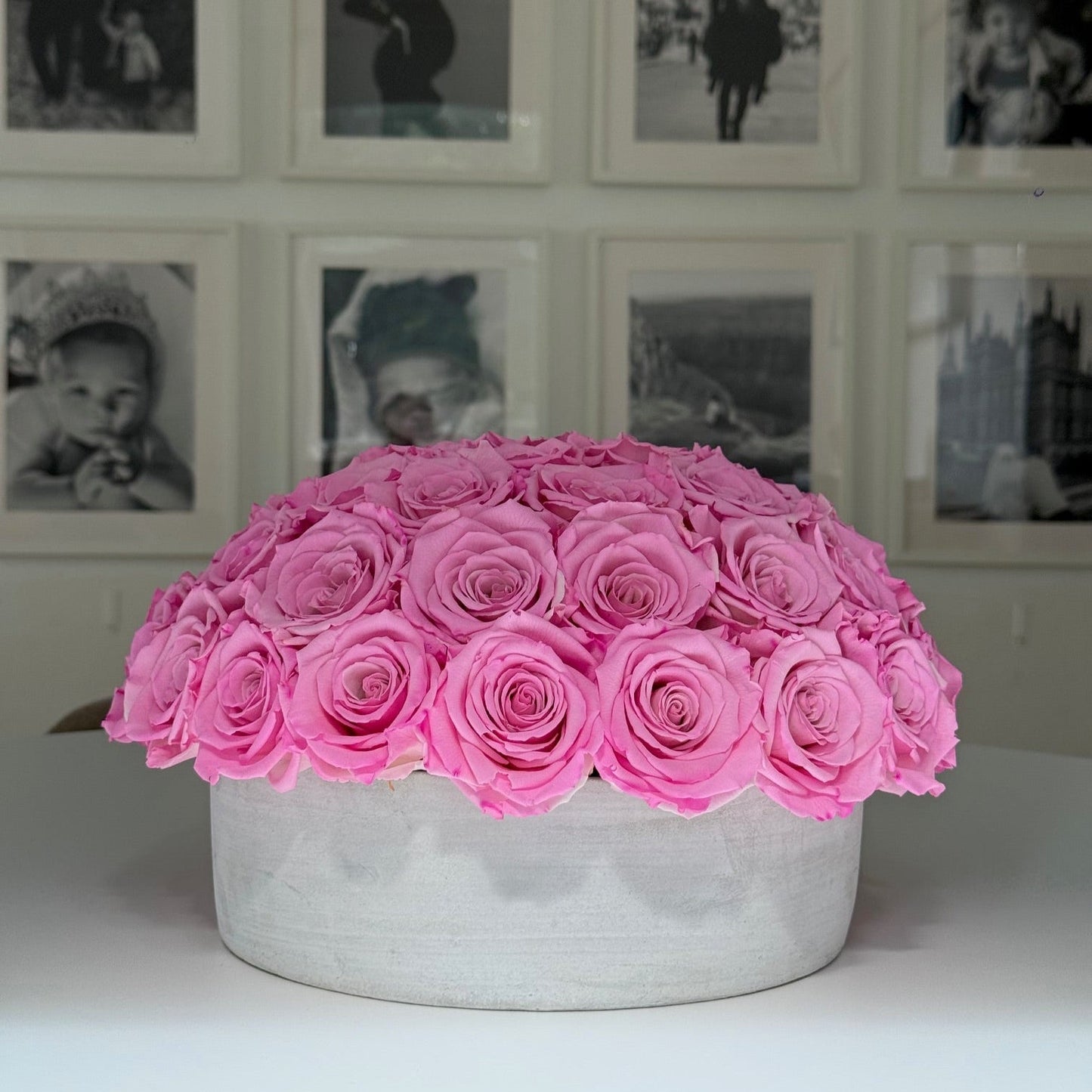 CEMENT POT: Everlasting New York Pink Bi - colour Roses - Fleur Du Luxe