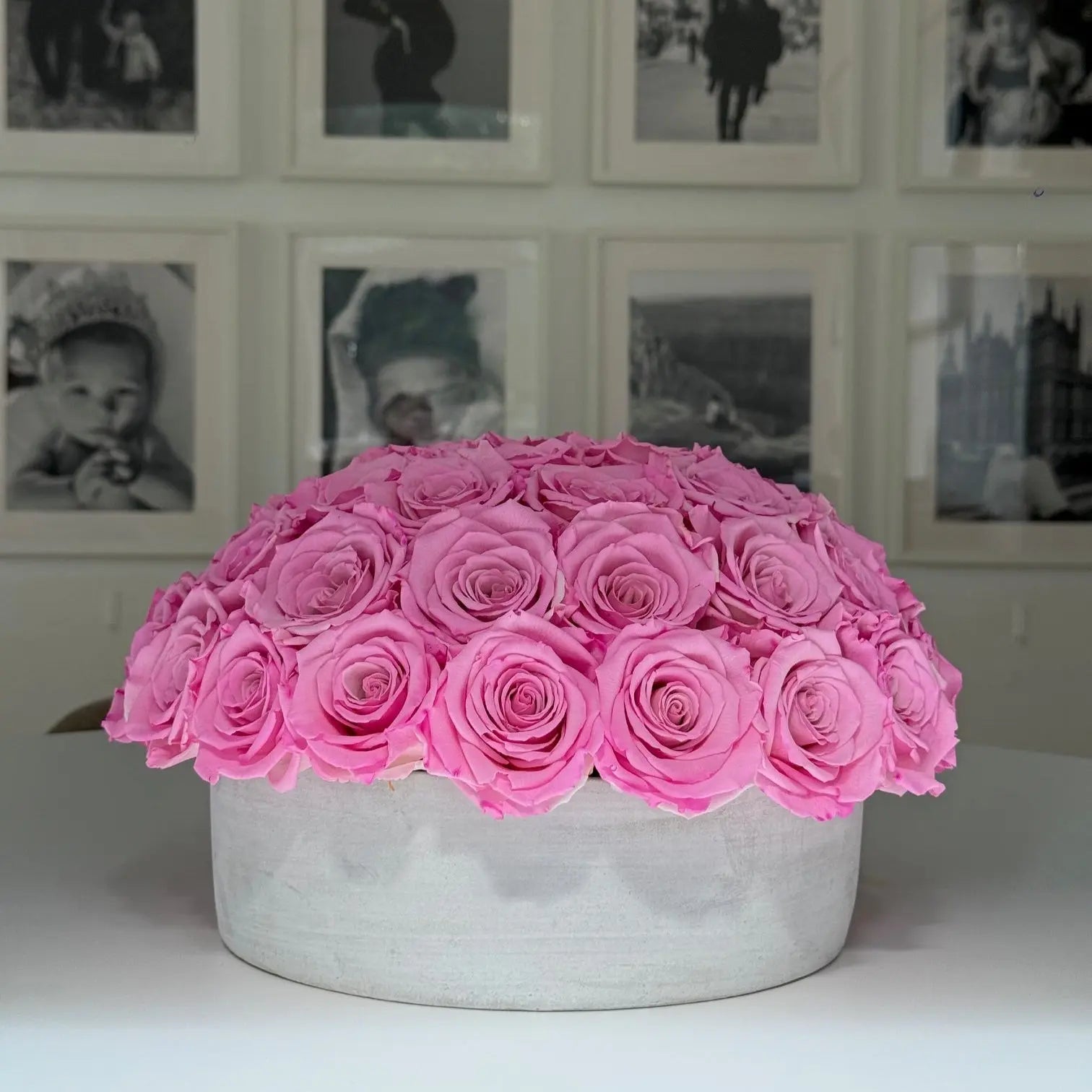 CEMENT POT: Everlasting New York Pink Bi - colour Roses - Fleur Du Luxe