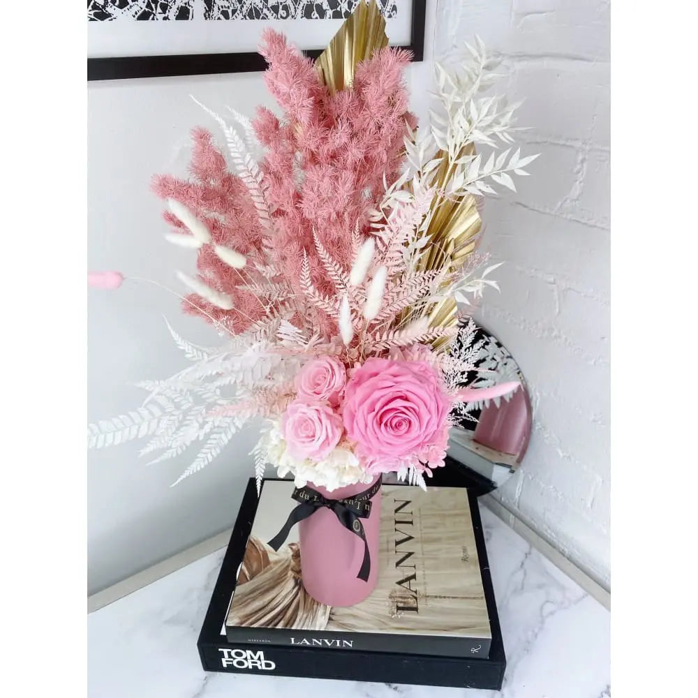 DRIED FLOWERS: Cement Pot + Pink Sorbet - Fleur Du Luxe