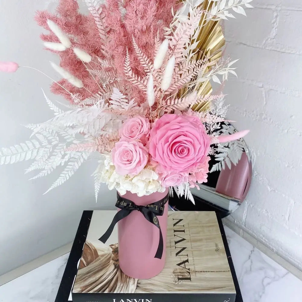 DRIED FLOWERS: Cement Pot + Pink Sorbet - Fleur Du Luxe