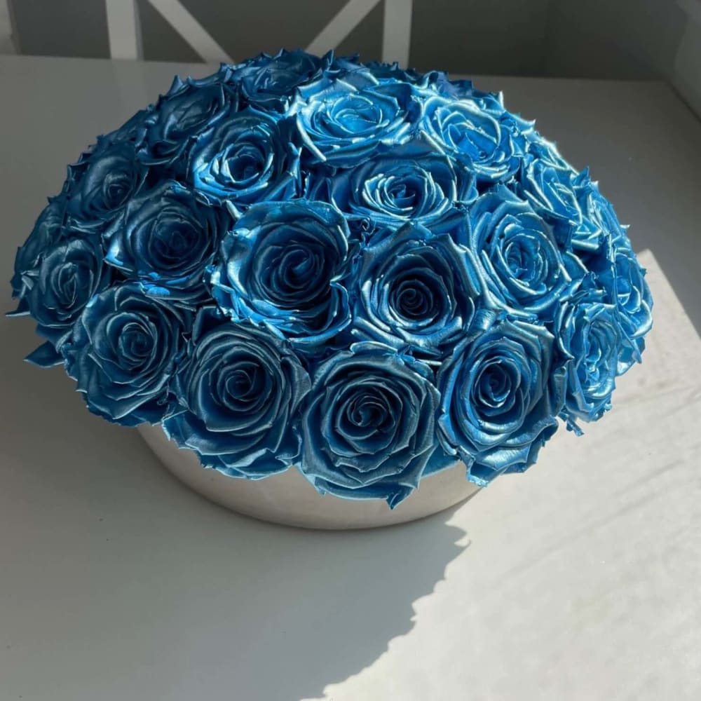 Exclusive Metallic Blue Roses in Cement Pot - Fleur Du Luxe