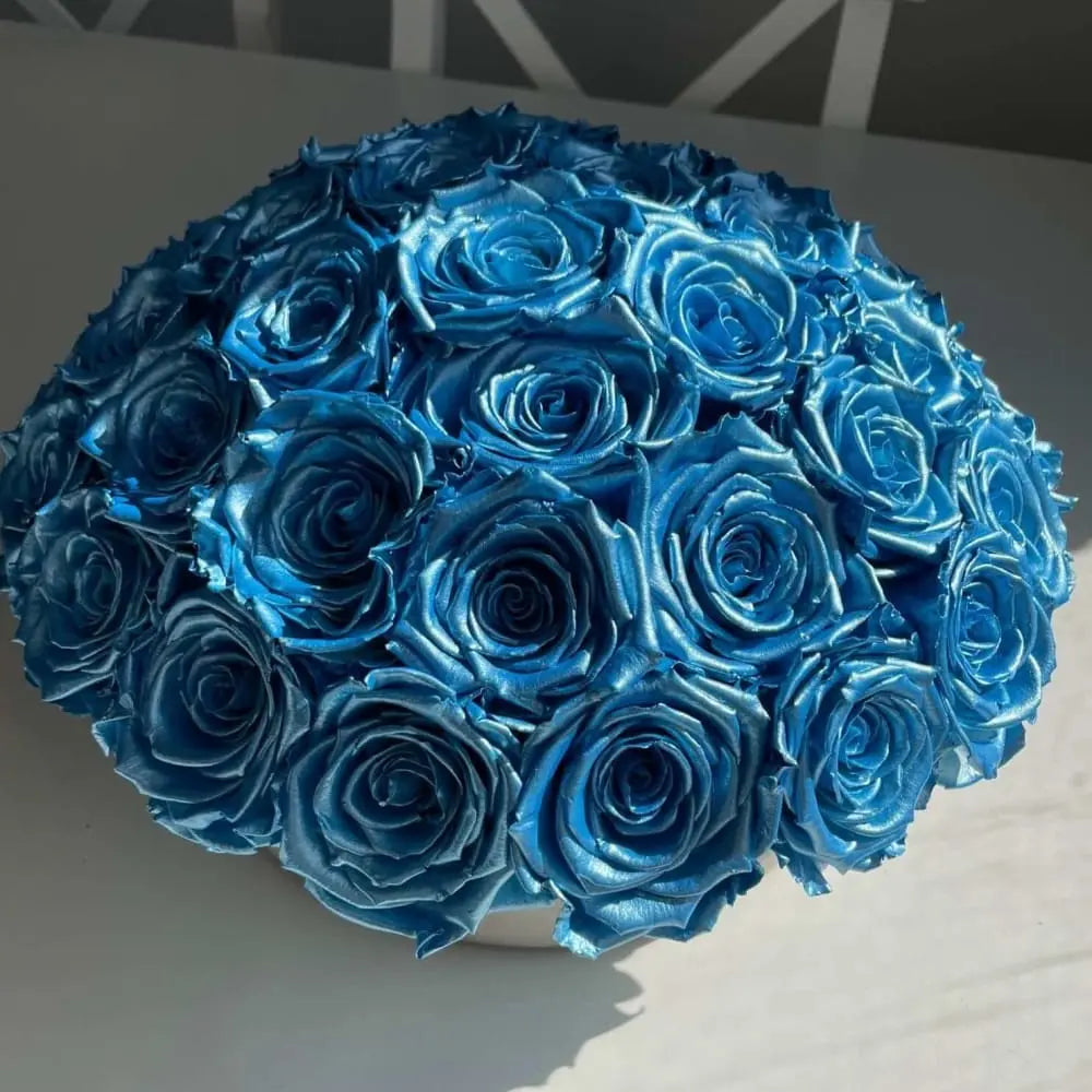 Exclusive Metallic Blue Roses in Cement Pot - Fleur Du Luxe