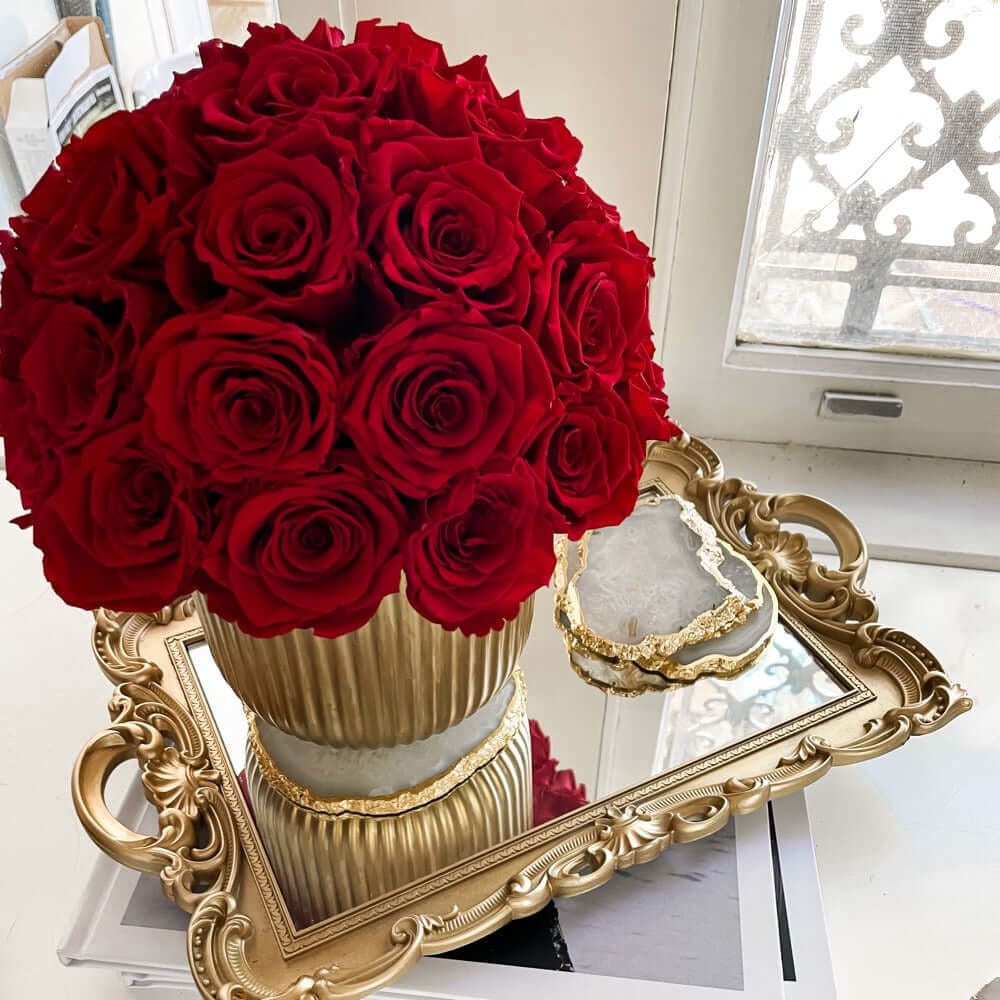 GOLD RIBBED POT: 30 Everlasting Roses - Fleur Du Luxe