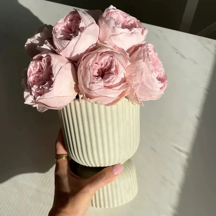Hand holding a light green ribbed vase with pink flowers against a neutral background