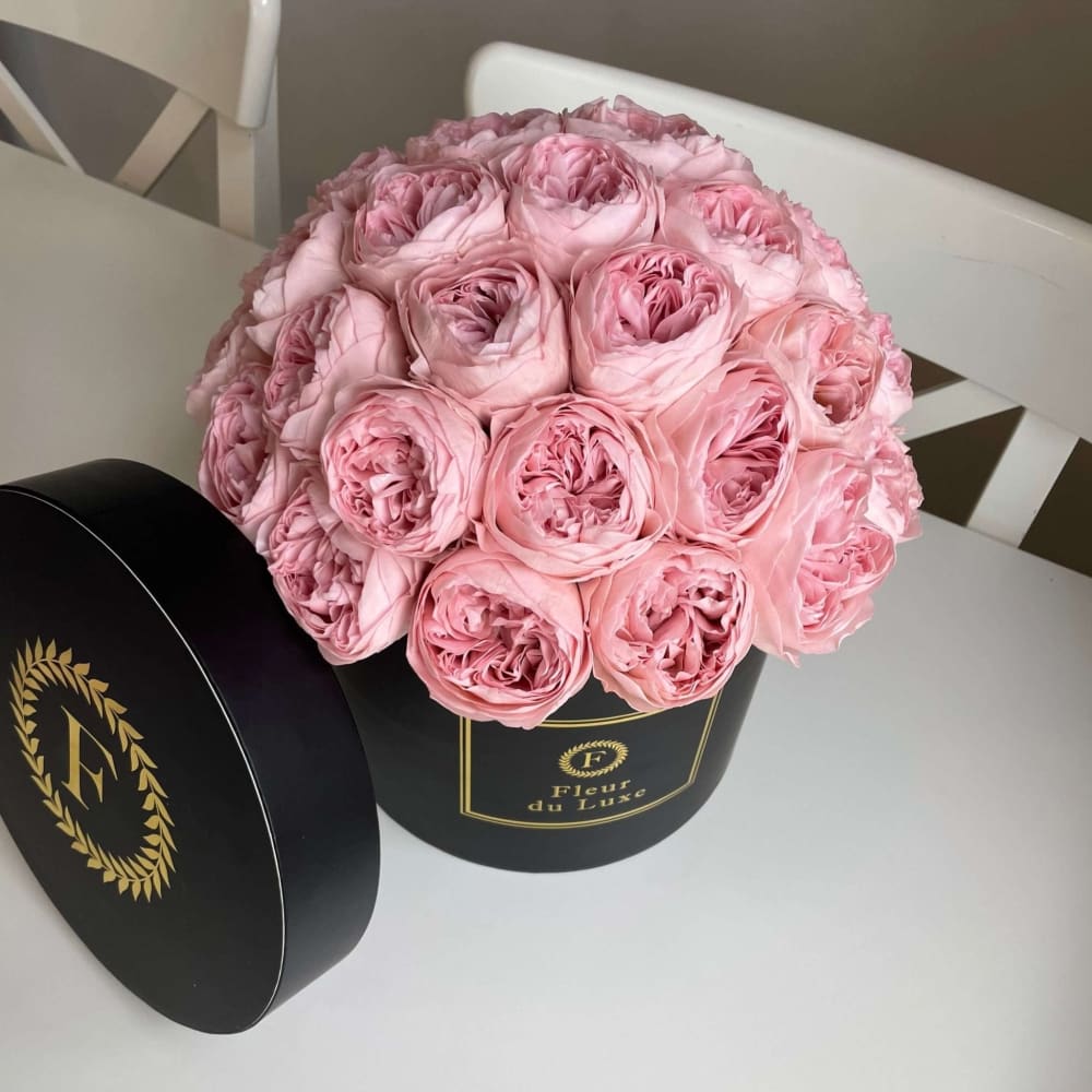 Preserved Pink Peonies in Round Box - Black - Flowers