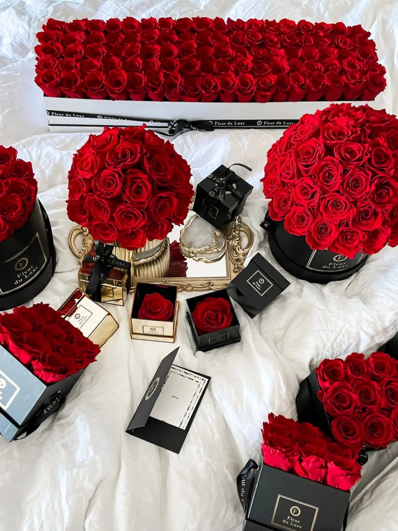 Collection of red roses in various containers on a white surface