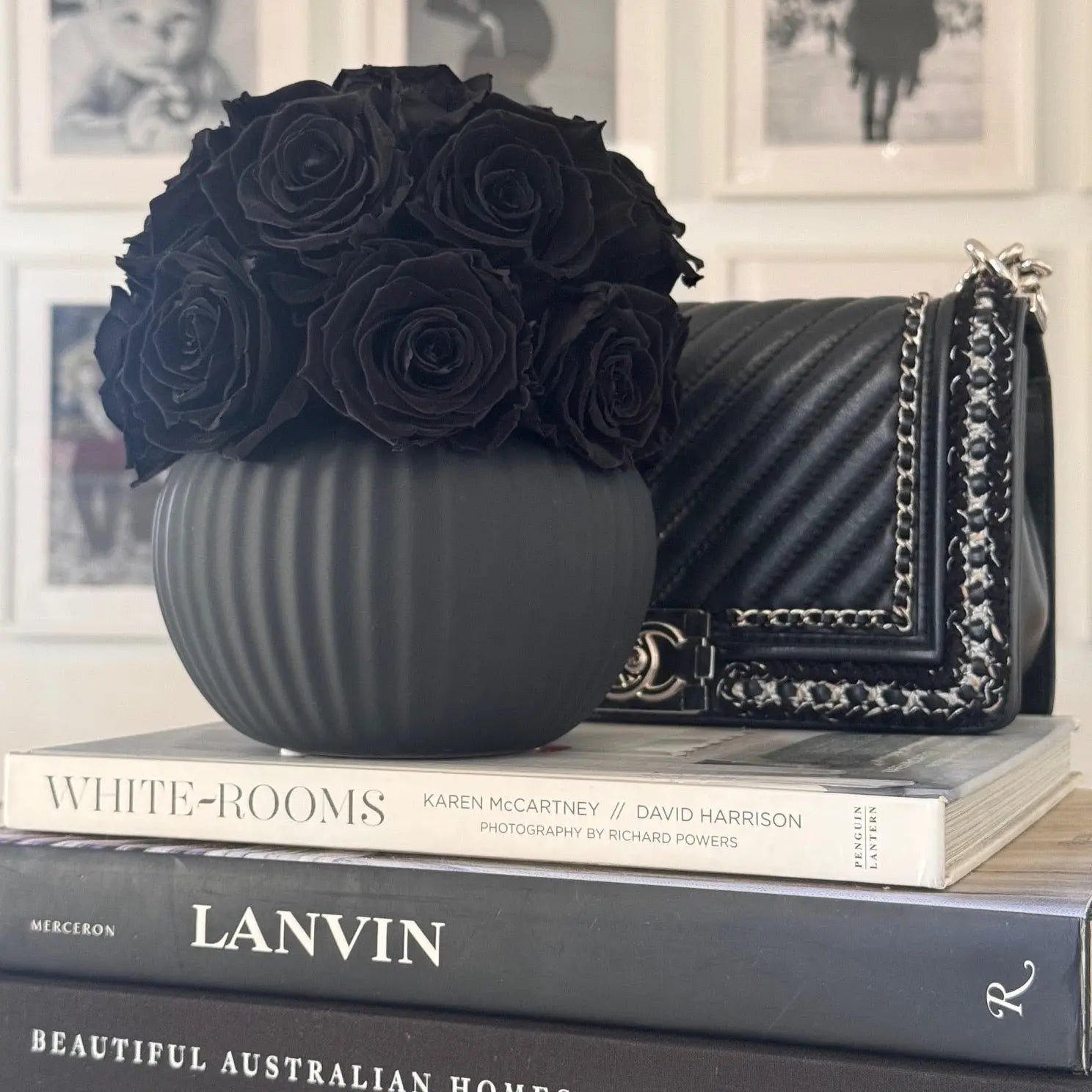 RIBBED POT: Black Everlasting Roses - Fleur Du Luxe