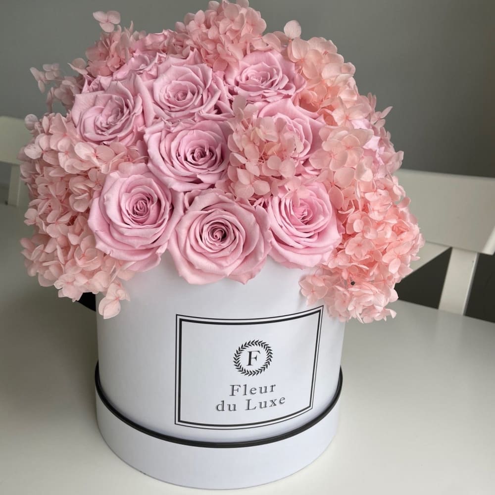 ROUND BOX Hydrangea + Roses in a Dome - Flowers