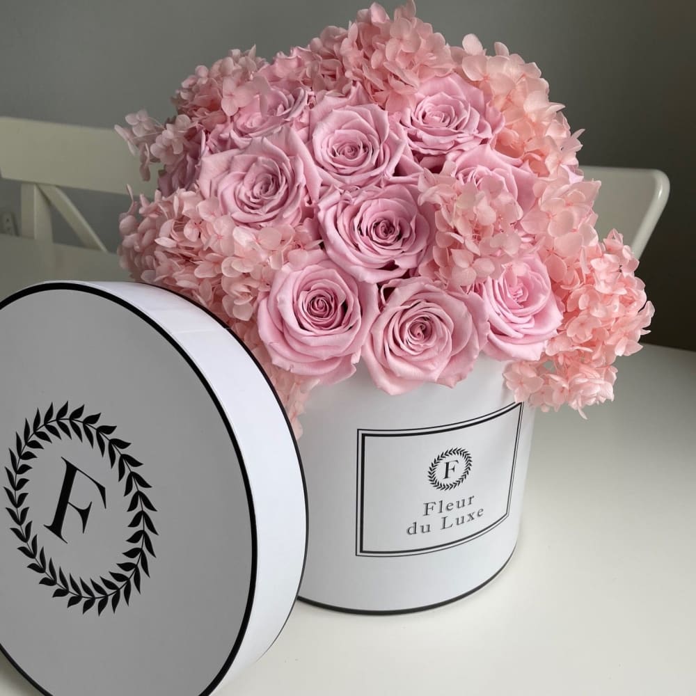 ROUND BOX Hydrangea + Roses in a Dome - White - Flowers