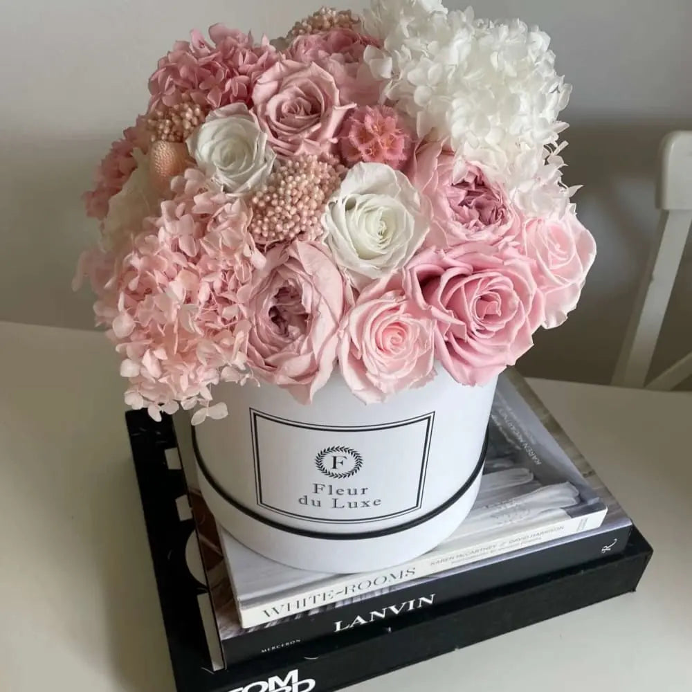 ROUND BOX: Pink Garden Mix Floral Arrangement - Fleur Du Luxe