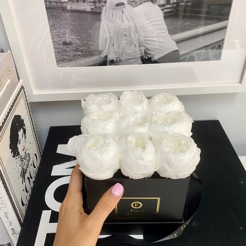 SQUARE BOX: White Peonies - Black - Flowers