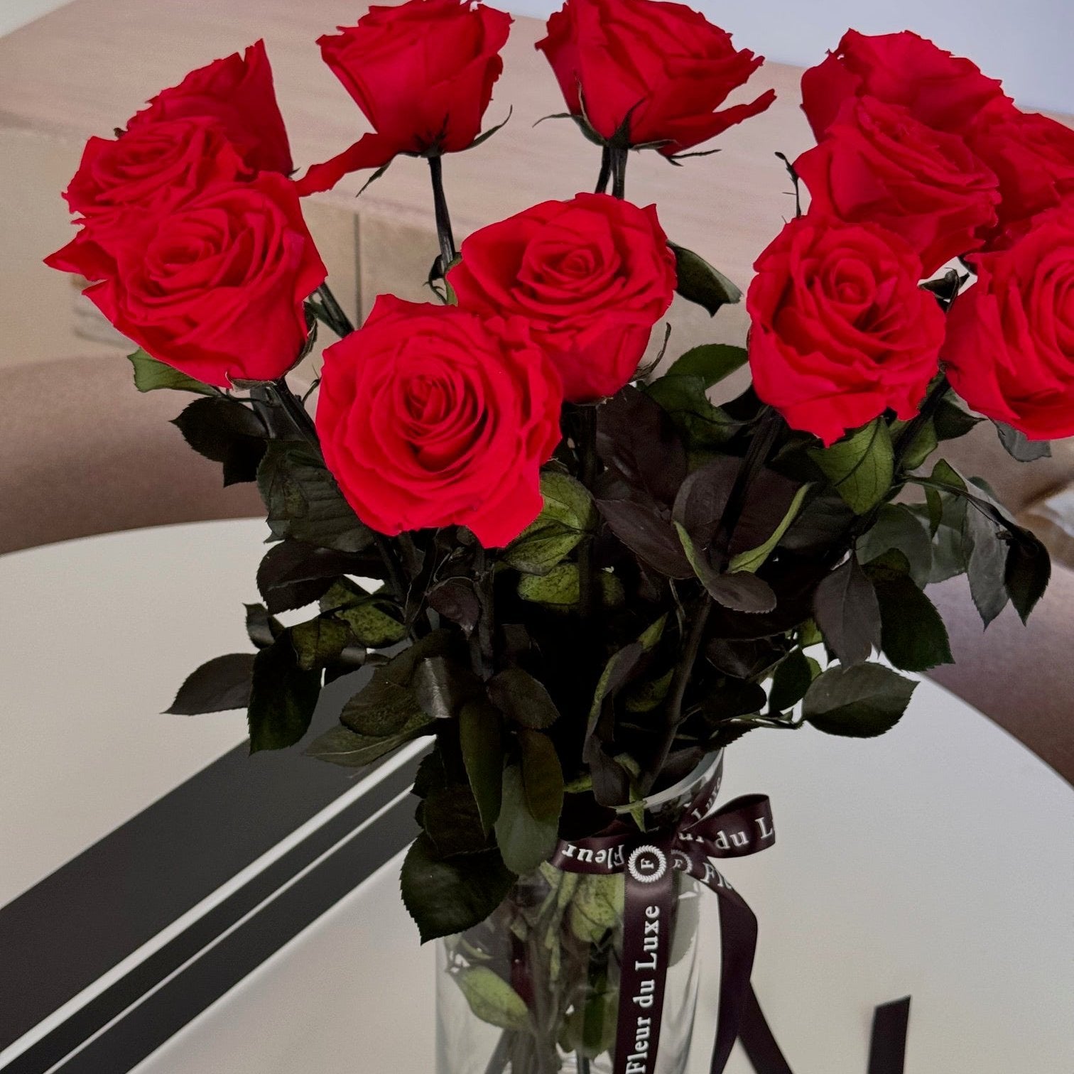 Luxurious bouquet of a dozen long-stemmed red roses preserved to stay fresh and beautiful for at least one year