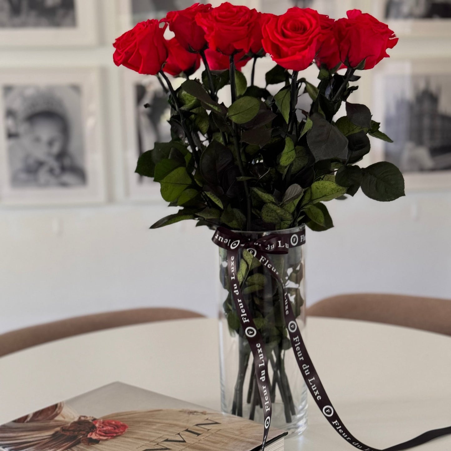 Luxurious bouquet of a dozen long-stemmed red roses preserved to stay fresh and beautiful for at least one year