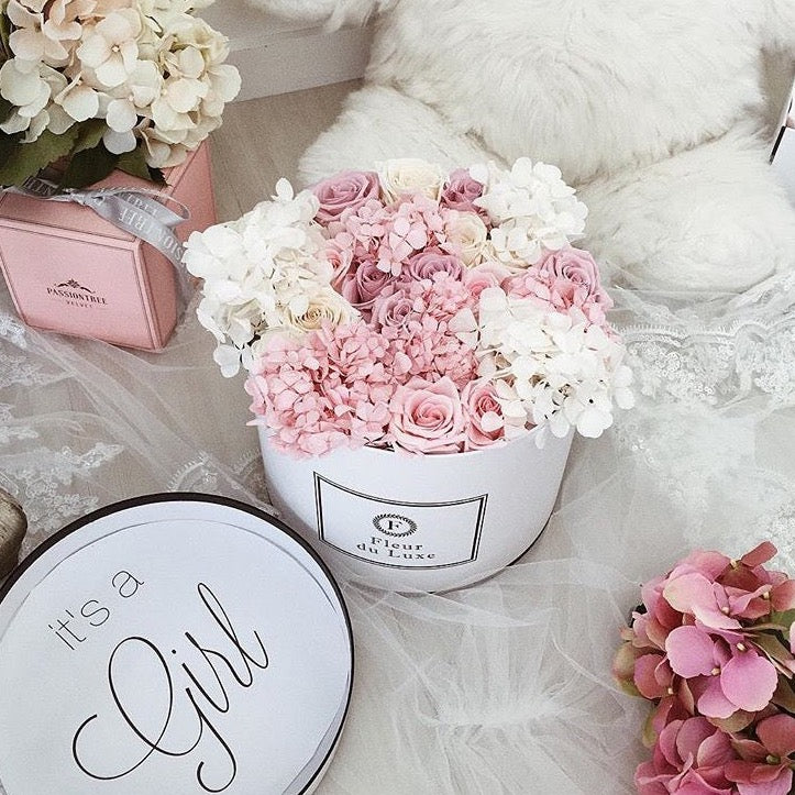 ROUND BOX: Mixed Hydrangea Baby Pink - Flowers