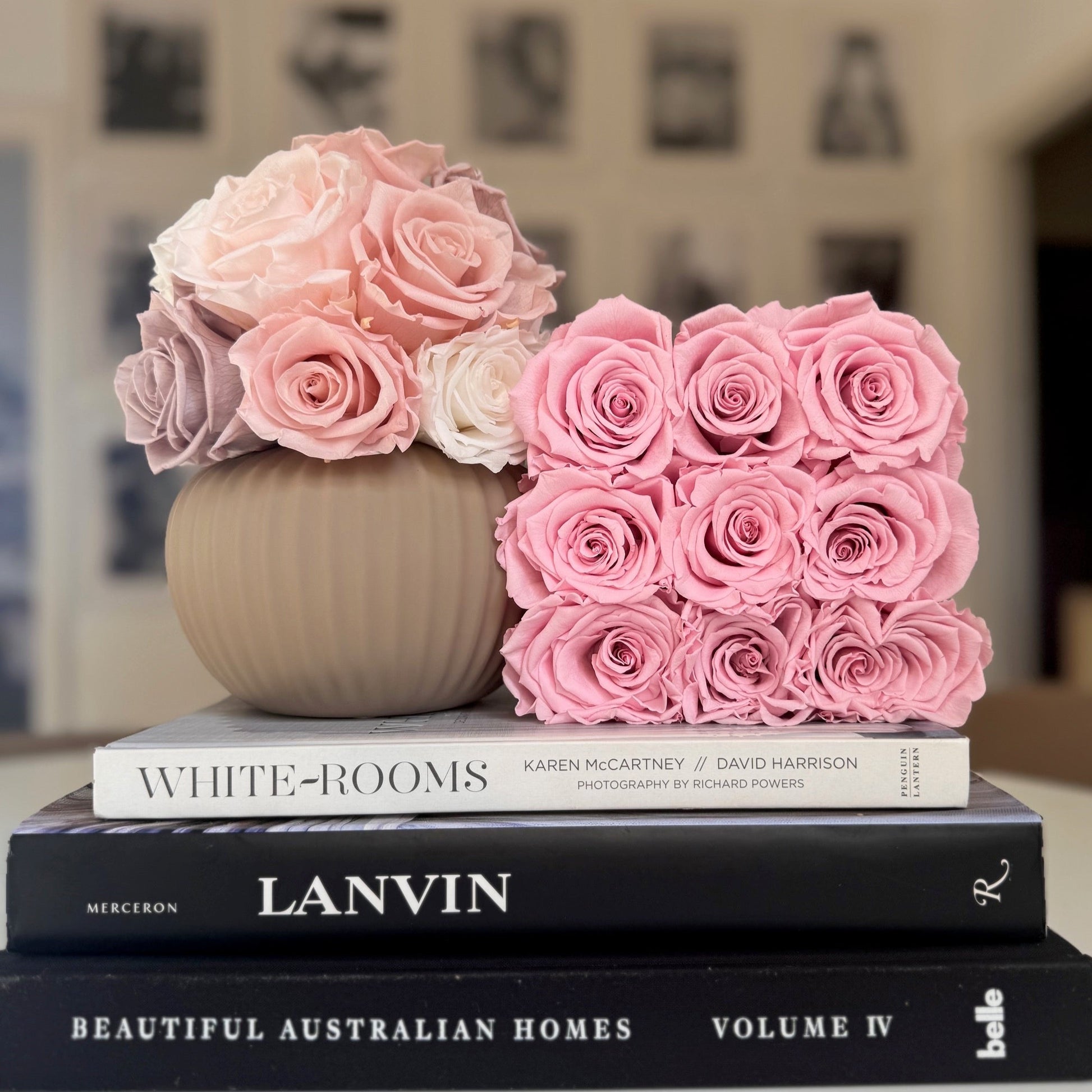 Stylish Ribbed Sand-Colored Pot with cream-colored roses enhancing a modern coffee table decor.