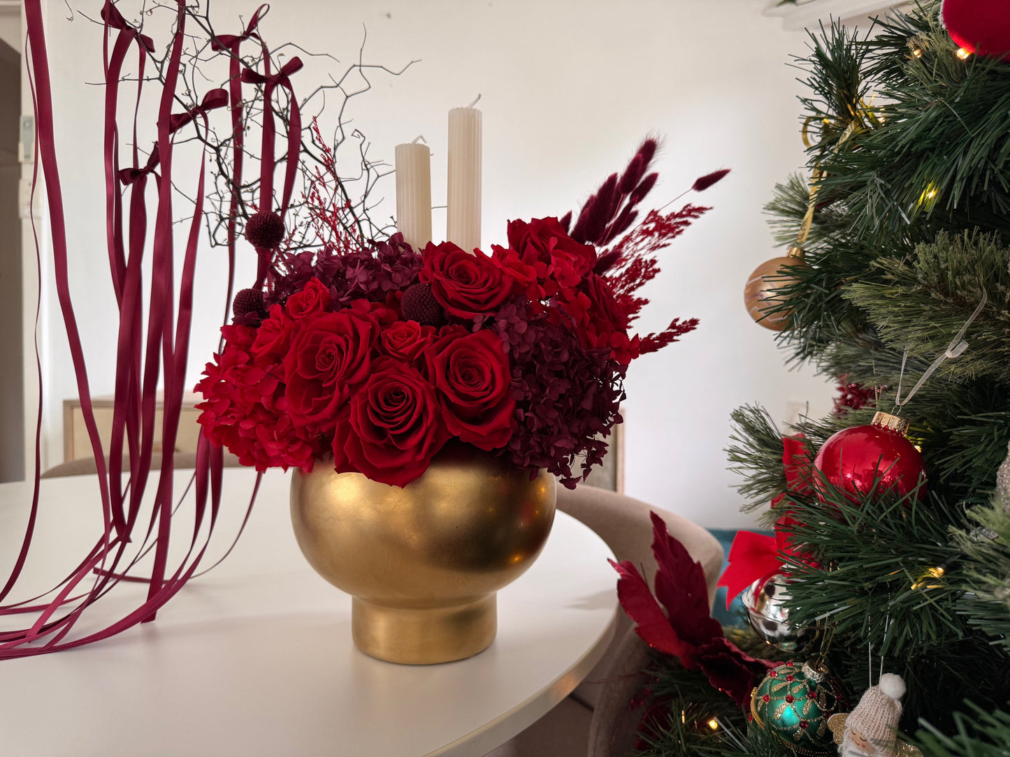 Gold Pot: Christmas Flower Arrangement with Candles in Gold Vase