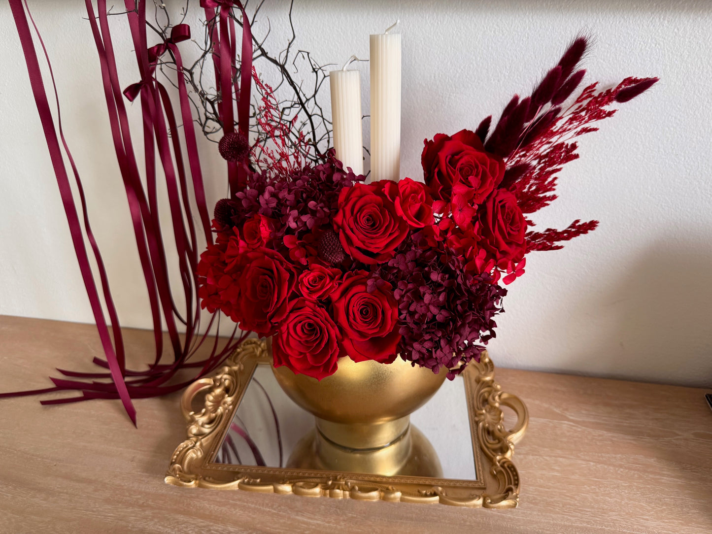 Gold Pot: Christmas Flower Arrangement with Candles in Gold Vase