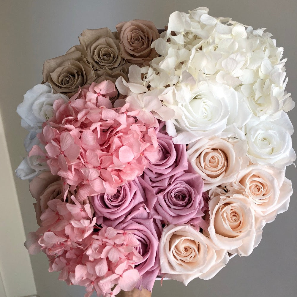 ROUND BOX: Mixed Hydrangea Baby Pink - Flowers