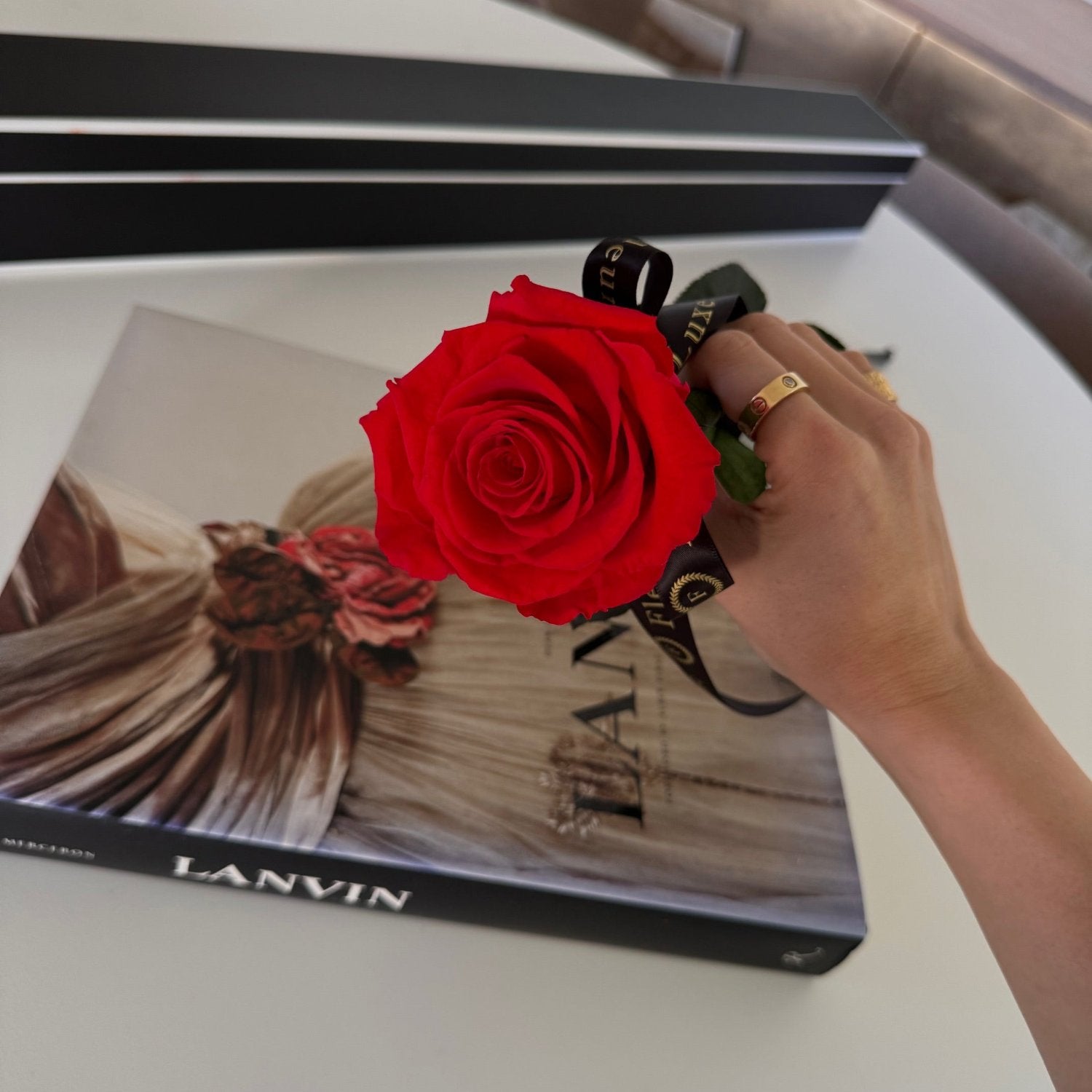 "Close-up of a vibrant red preserved rose nestled in an elegant gift box, showcasing its timeless beauty."