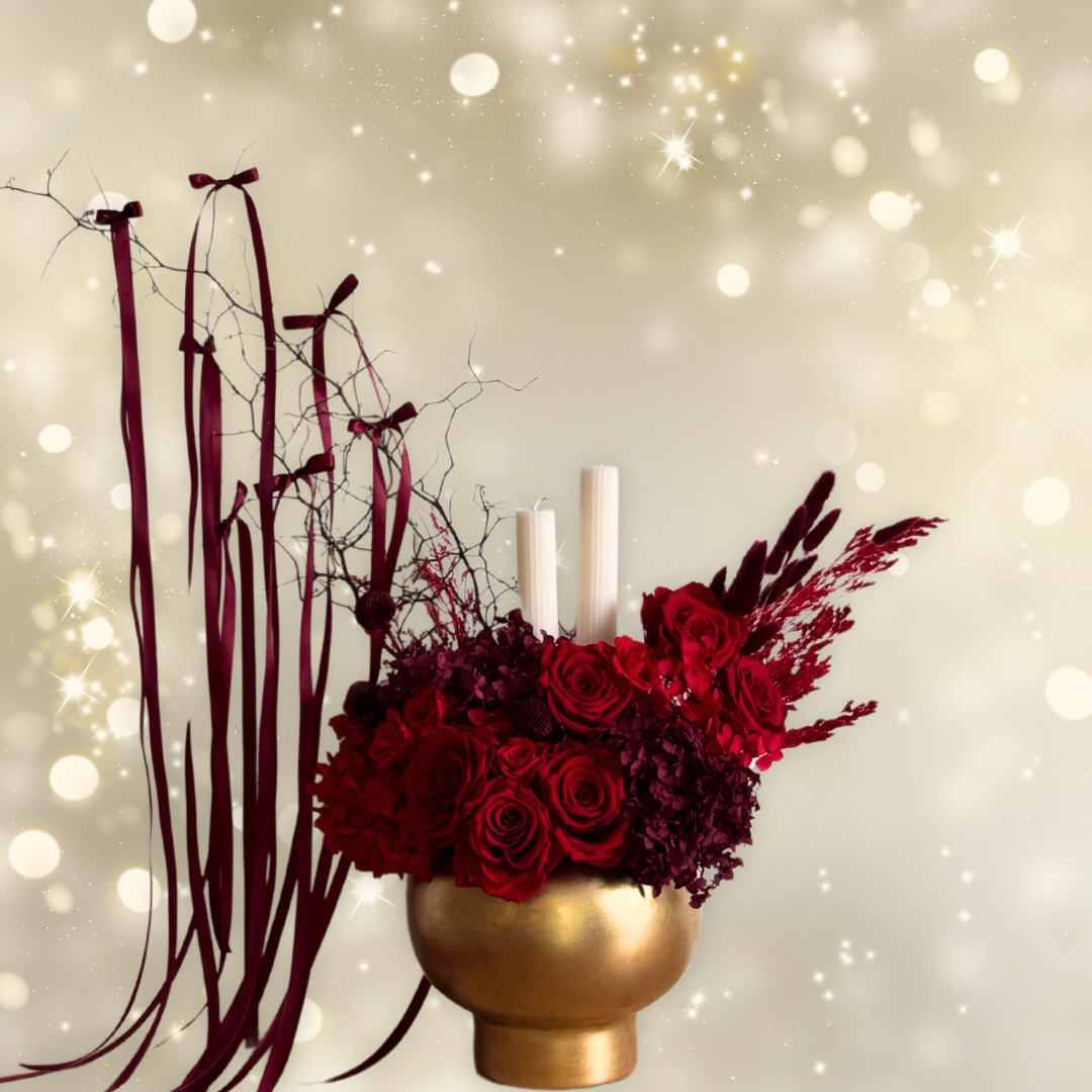 Gold Pot: Christmas Flower Arrangement with Candles in Gold Vase