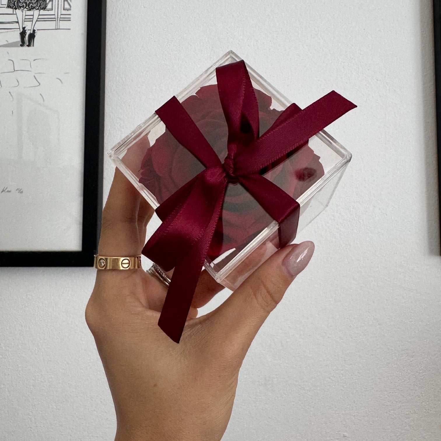 "Romantic preserved single rose in a clear acrylic box, the perfect Valentine's Day gift symbolizing lasting love."