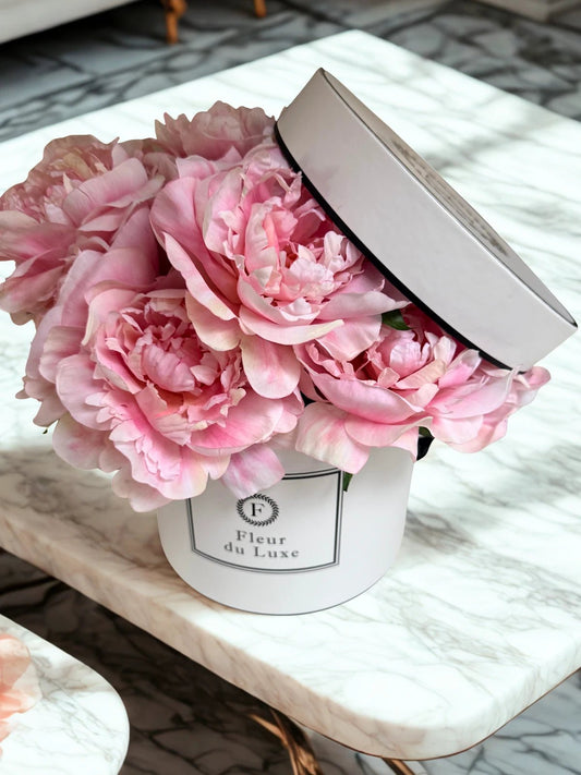 ARTIFICIAL BLOOMS: Dozen of Artificial Peonies in Signature Hat Box - Fleur Du Luxe