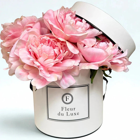ARTIFICIAL BLOOMS: Dozen of Artificial Peonies in Signature Hat Box - Fleur Du Luxe