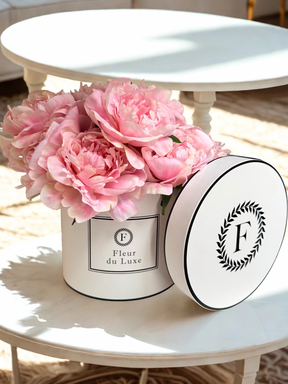 ARTIFICIAL BLOOMS: Dozen of Artificial Peonies in Signature Hat Box - Fleur Du Luxe