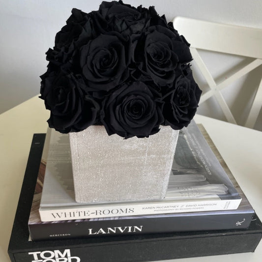 CEMENT POT: Black Everlasting Roses - Fleur Du Luxe