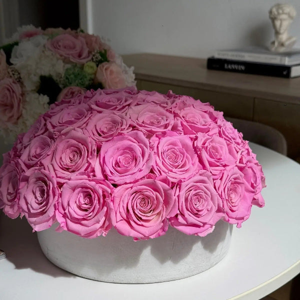 CEMENT POT: Everlasting New York Pink Bi - colour Roses - Fleur Du Luxe