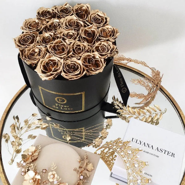 Gold Roses In A Box GOLD ROSES - Premium Round Box - Fleur Du Luxe Free Shipping
