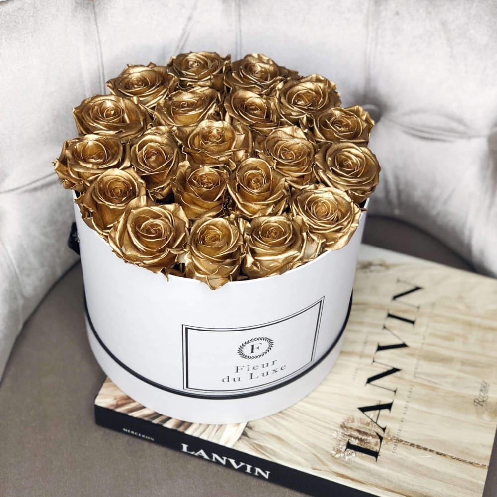GOLD ROSES - Premium Round Box - White - Flowers