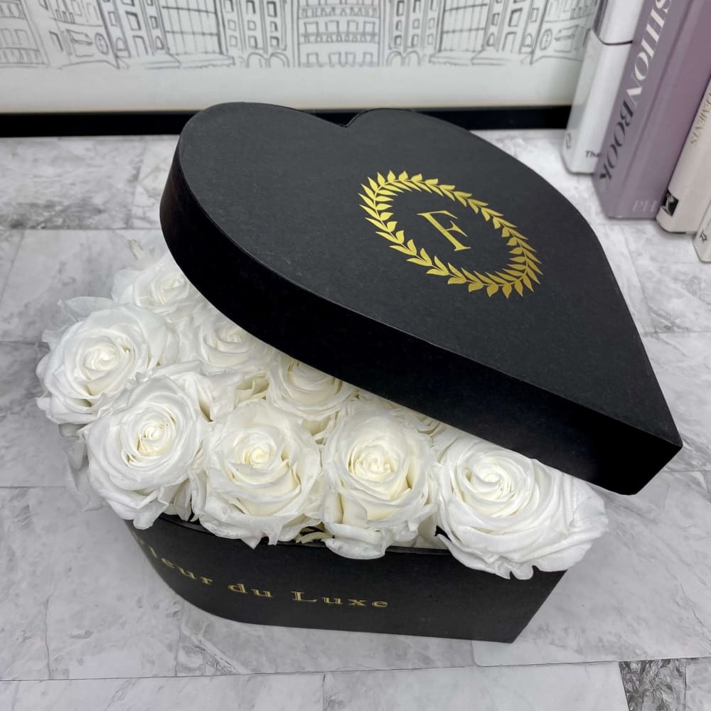 Love Heart Box: Black Velvet Roses - Pearl White - Flowers