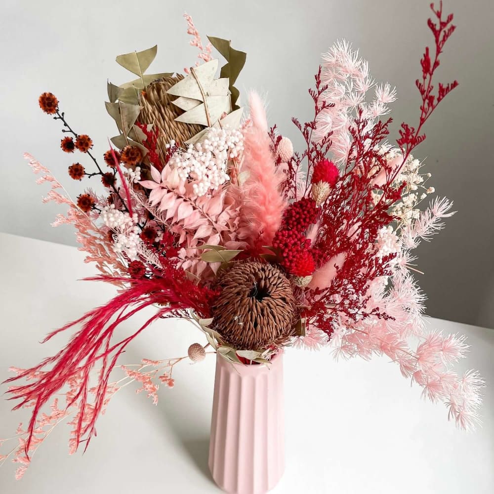 New Red + Pink Dried Flower Bouquet - With Vase - Flowers