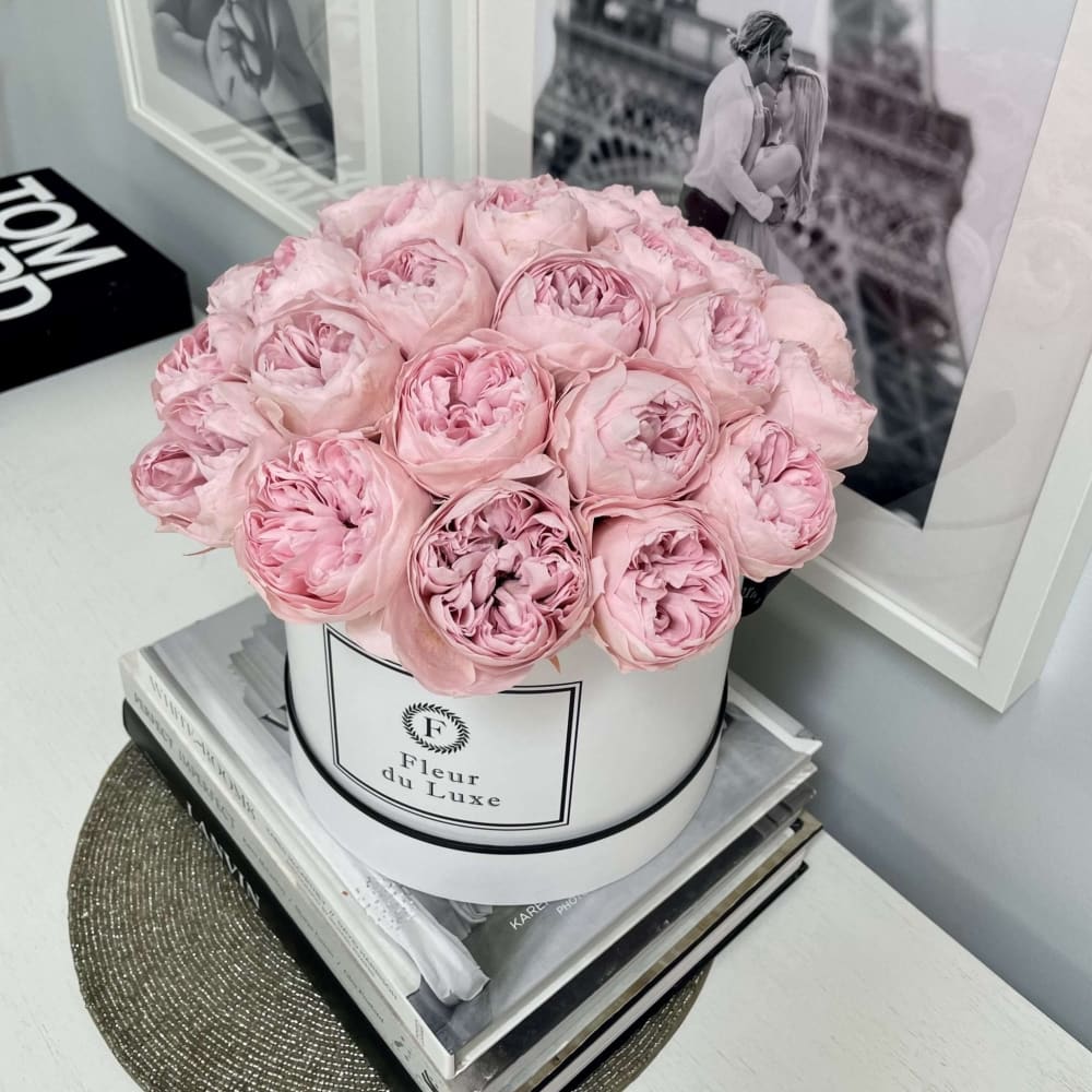 Preserved Pink Peonies in Round Box - White - Flowers
