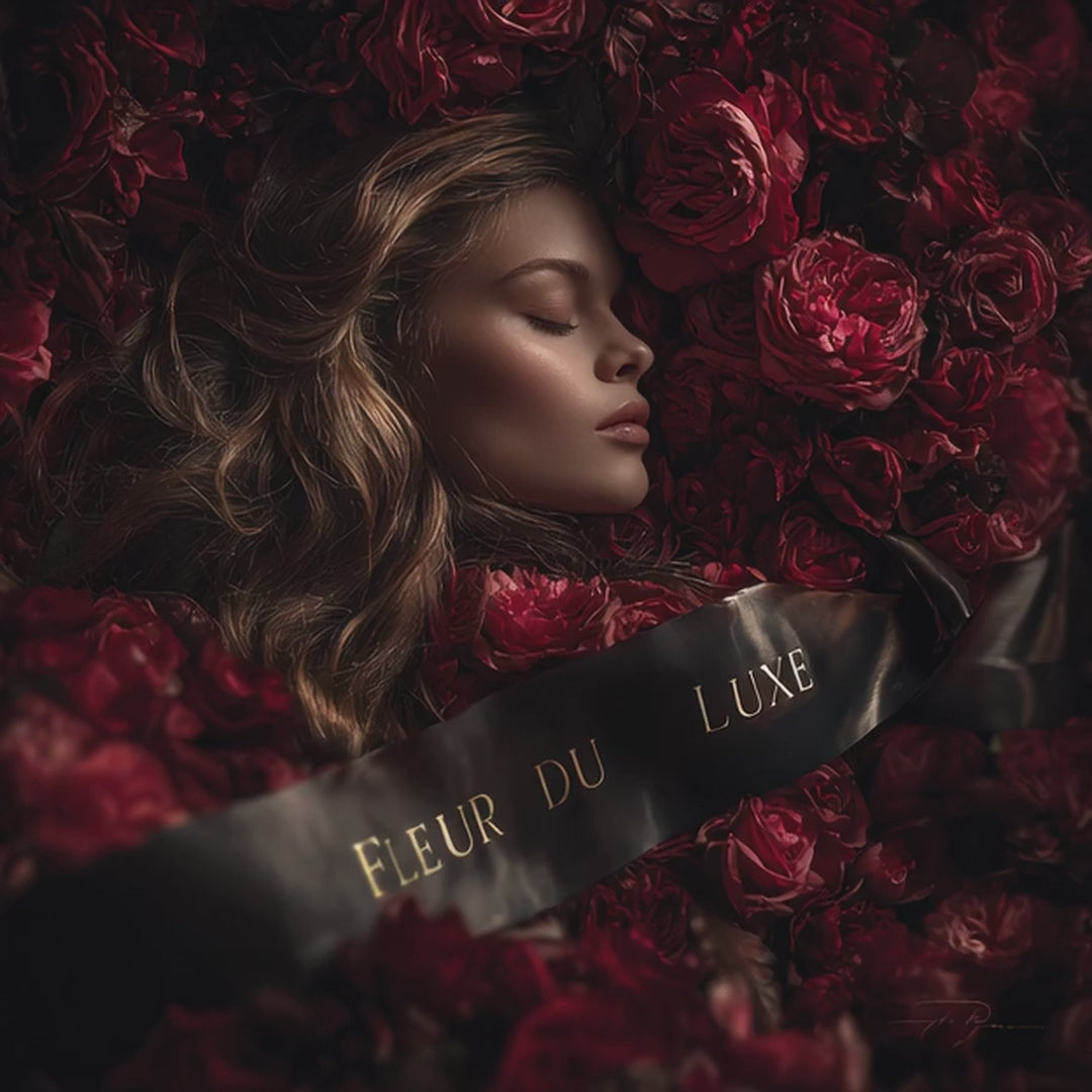 gorgeous woman in red roses fleur du luxe ribbon 
