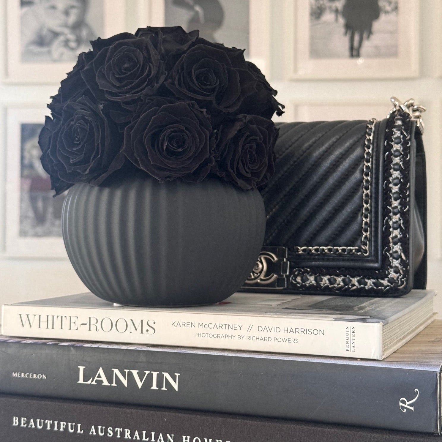 RIBBED POT: Black Everlasting Roses - Fleur Du Luxe