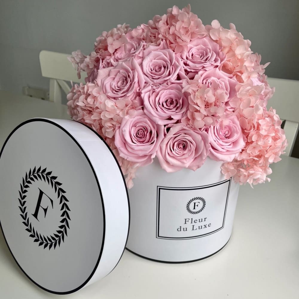 ROUND BOX Hydrangea + Roses in a Dome - Flowers