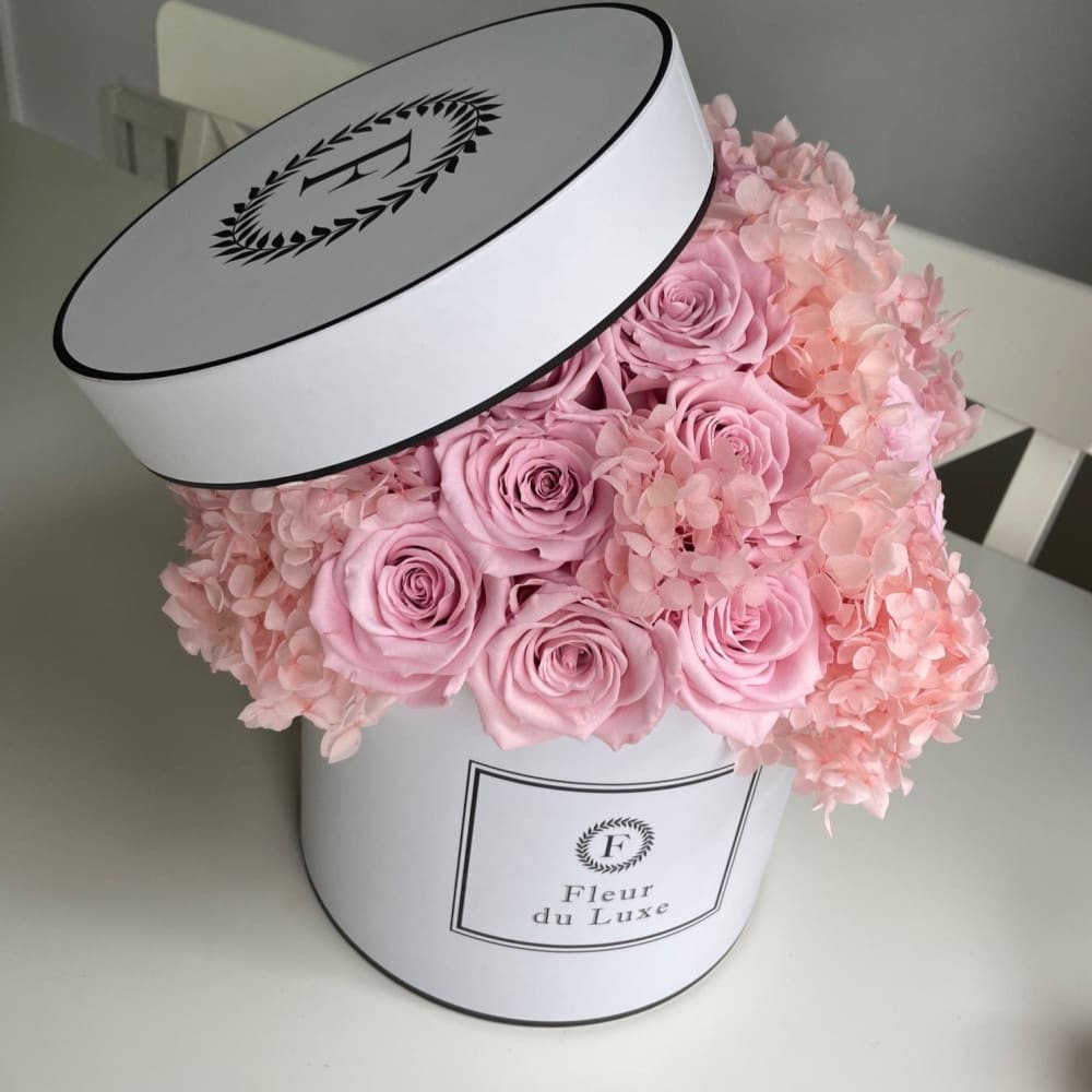 ROUND BOX Hydrangea + Roses in a Dome - Flowers