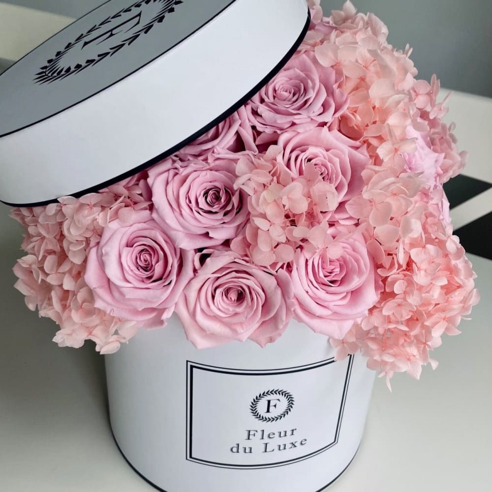 ROUND BOX Hydrangea + Roses in a Dome - Flowers