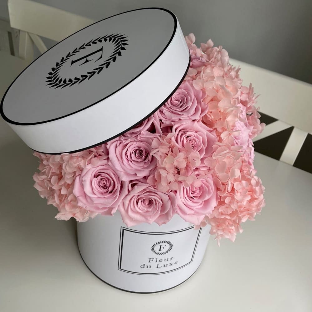 ROUND BOX Hydrangea + Roses in a Dome - Flowers