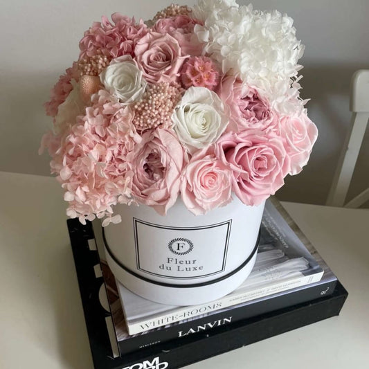 ROUND BOX: Pink Garden Mix Floral Arrangement - Fleur Du Luxe